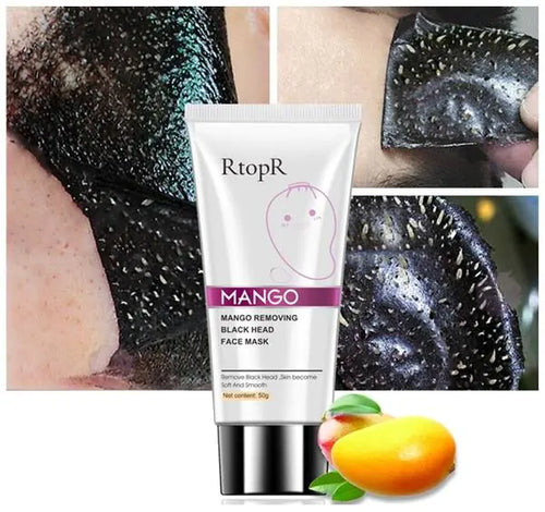 RtopR Blackhead Removal Face Mask - Deep Pore Cleanse | 50g Formula shown with close-up of blackhead extraction and mango ingredient.
